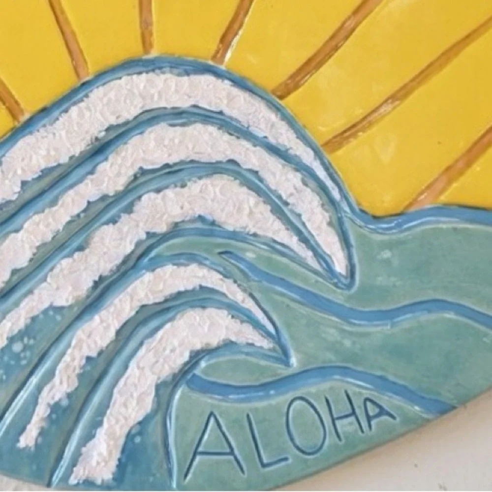 Hand Crafted Aloha Sun & Wave Hand painted Fire-kiln ceramic wall art Maui Made